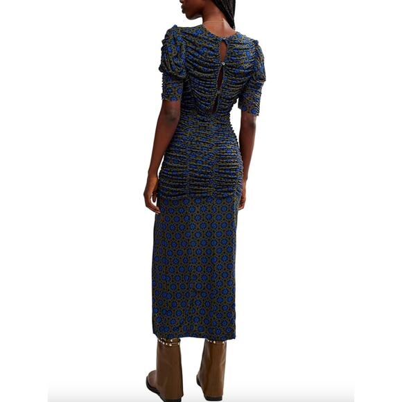 Free People Brielle Midi Dress Mesh Ruched Side Slit Blue Green Printed M NWT - Picture 2 of 10